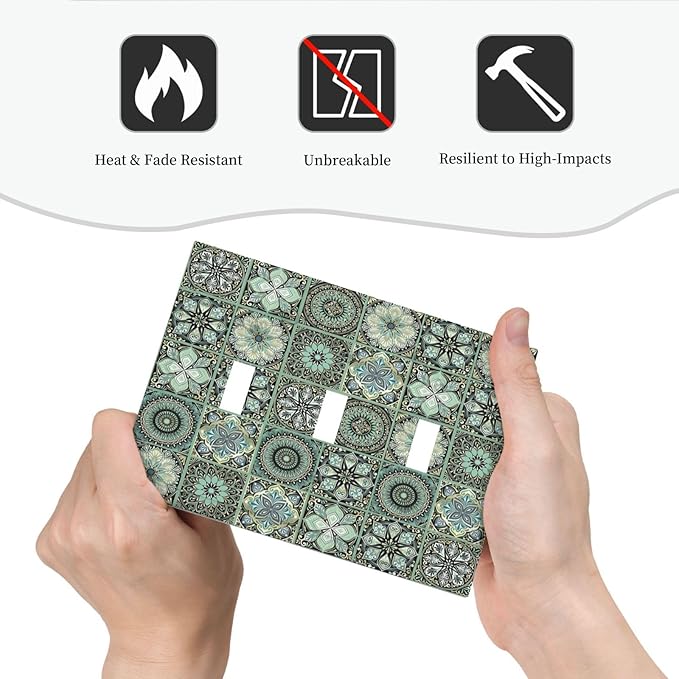 Moroccan Mandala Tile Floral Talavera Tiles Decorative Switch Plates 3 Gang Wall Plate Triple Toggle Light Switch Cover Faceplate Electrical Wall Panels for Bathroom Kitchen Decor