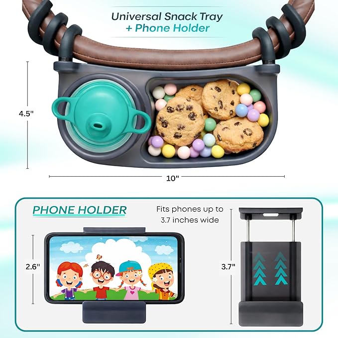 Universal Stroller Snack Tray | Stroller Cup Holder | Silicone Flexible Arms Grip Stroller Bumper Bar Stays in Place Stroller Tray Attachment (2-Pack Snack Tray with Phone Holder Black)