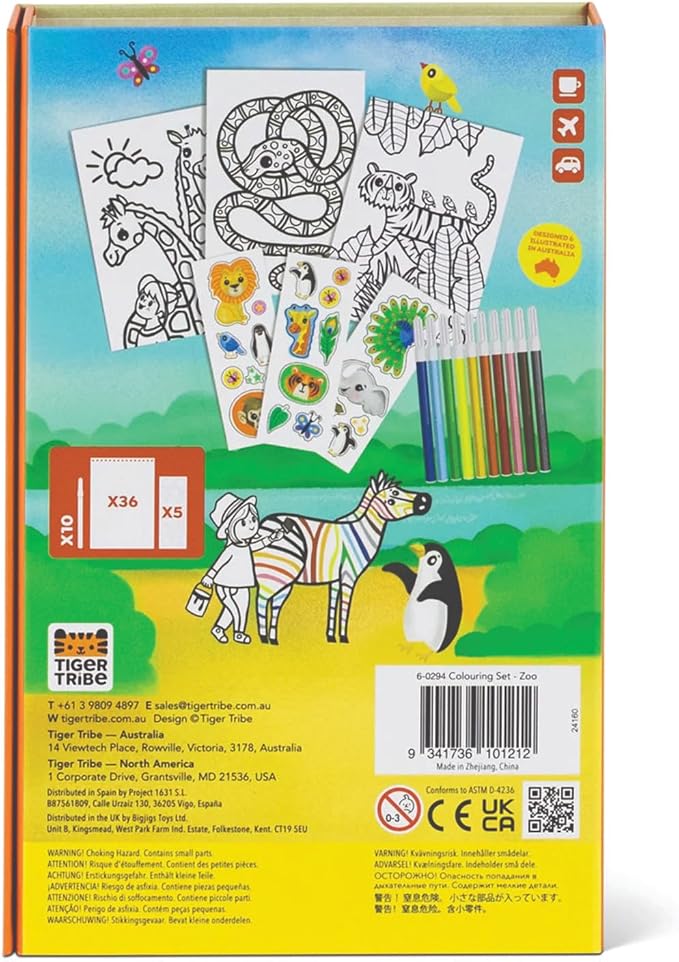 Tiger Tribe Zoo Coloring Set for Kids - Includes Stickers & Markers, Travel-Friendly Storage, Perfect Arts & Crafts Gift