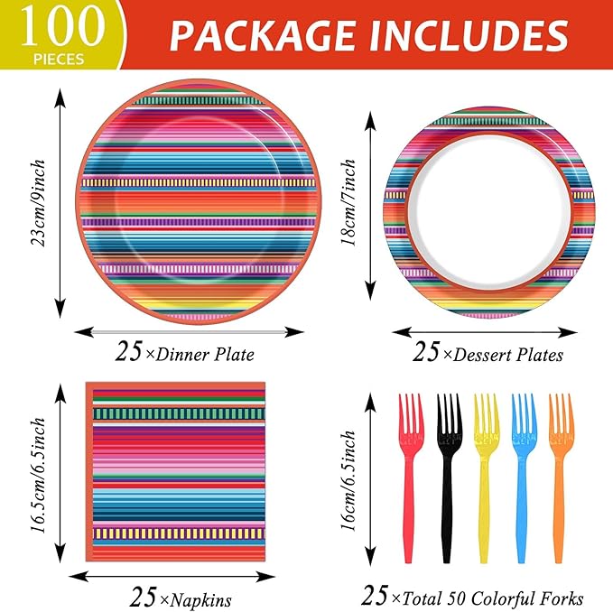 100PCS Mexican Fiesta Plates and Napkins Sets 5 Mayo Plates Mexican Fiesta Party Table Decor Supplies Serape Taco Paper Plate Disposable Tableware Colorful Stripes Pattern for Mexico Taco Party