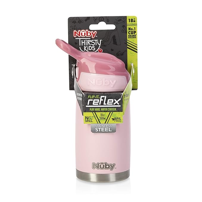 Nuby Thirsty Kids No Spill Flip-It Reflex Stainless Steel Travel Cup or Water Bottle - 10 Oz - 18+ Months - Pink - Back to School Essentials,(Pack of 12)