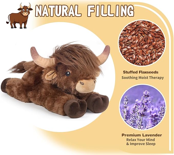 Highland Cow Stuffed Animals, Microwavable Stuffed Animal Adorable Fluffy Highland Cow Plush for Warmth Comfort, Heatable Coolable Lavender Scent Toy, Cute Soft Plushies Gift for Kid Boys Girl & Adult