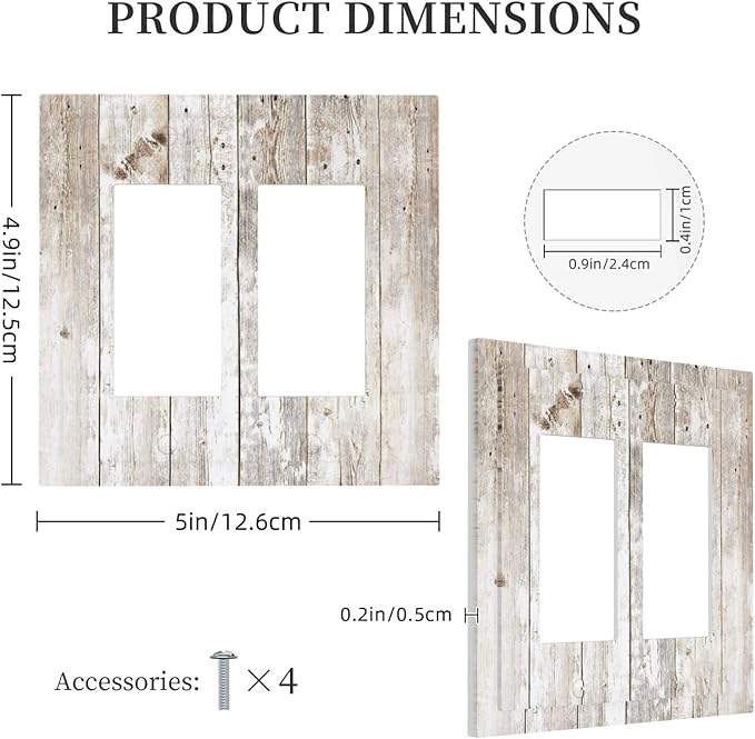Vintage Light Wood Retro Rustic White Gray Oak Print Decorative Outlet Covers 2 Gang Double GFCI Rocker Electrical Wall Panels Light Switch Cover Plate for Farmhouse Home Decor