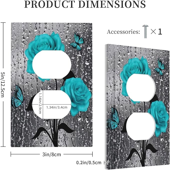 Teal Turquoise Blue Gray Grey Raindrop Rose Flower Floral 1 Device Gang Duplex Receptacle Wall Plate Outlet Cover Romantic Pretty Butterfly Electrical One Gang Dual Light Switch Faceplate Socket Cover