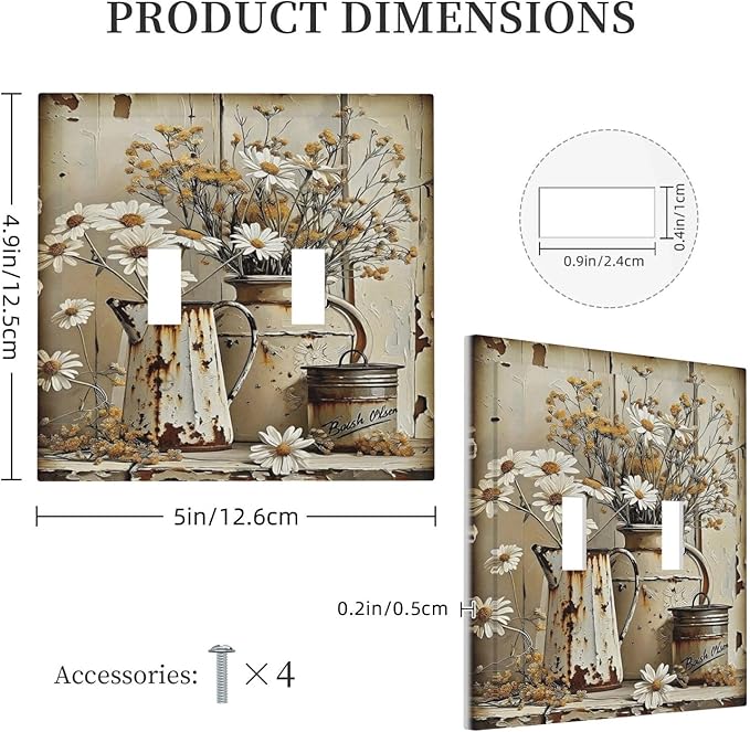 Rustic Flowers Daisy Floral White Wooden Planks Decorative Switch Plates 2 Gang Double Toggle Outlet Light Switch Cover Wall Plate Electrical Faceplate for Farmhouse Home Decor