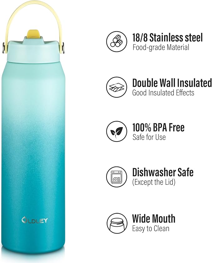 Oldley 32oz Insulated Water Bottle with Straw, Stainless Steel Water Bottle for Sports, Travel, School, BPA-Free Sports Bottles for Adult Kids, Leak-Proof, Light Green Blue