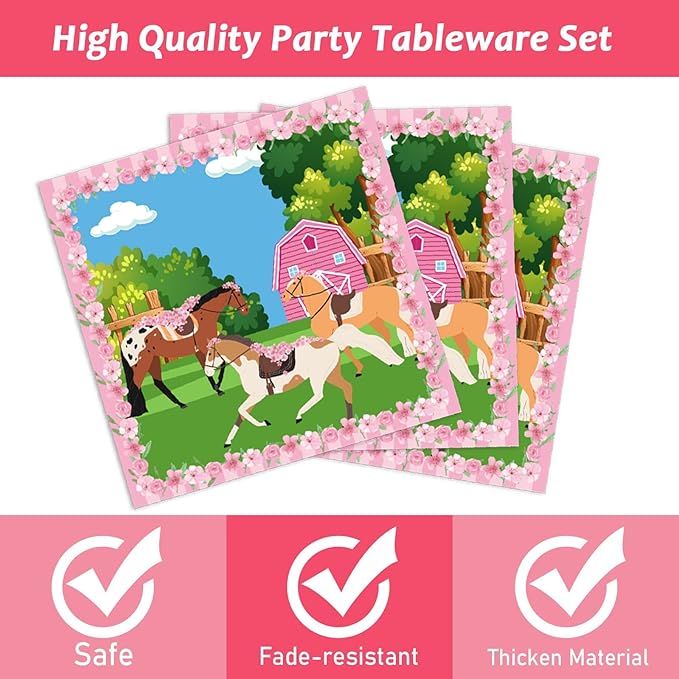 96 Pcs Horse Party Plates Napkins Tableware Set Kentucky Birthday Party Supplies Derby Disposable Paper Dinnerware Pink Cowgirl Western Theme Table Decoration Favors for Girls Baby Shower, 24 Guests