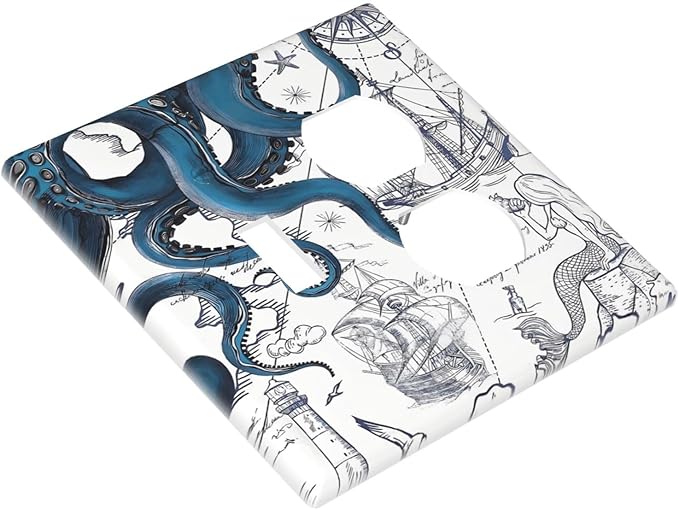 Nautical Vintage Map Octopus Mermaid Lighthouse Boat Wallplates 1 Toggle 1 Duplex Switch Plate Electrical GFCI Faceplate Decorative Light Switch Covers for Bathroom Kids Room Decor