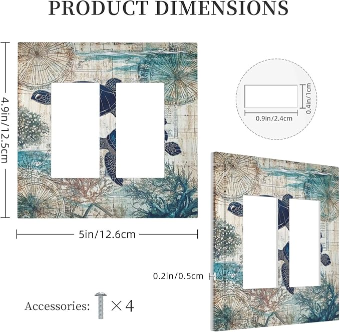Blue Green Sea Turtle Tropical Ocean Coral Nautical Map Decorative Outlet Covers 2 Gang Double Gfci Rocker Electrical Wall Panels Light Switch Cover Plate For Bed Room Bathroom Decor