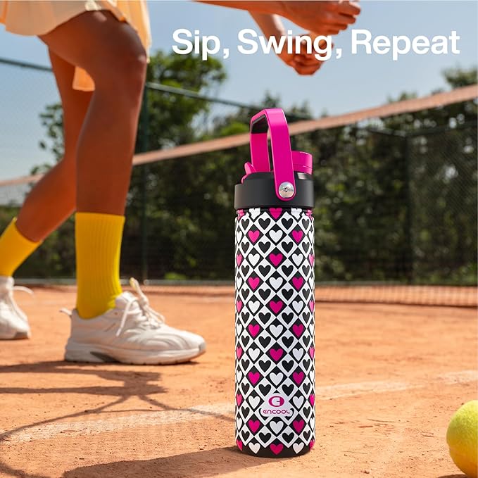 ENCOOL Valentine's Day Insulated Water Bottle with Straw Stainless Steel Water Bottle, Leak-Proof, BPA-Free, Keeps Cold for 24 Hours for Sports, Travel, School (26 oz,Bold Hearts Valentine x White)