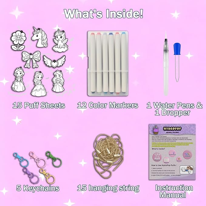 WurLoo Aqua Puffs 3D Art Kit for Kids, Mess-Free Paint by Number Crafts with Princesses & Unicorns, DIY Color & Inflate Activity, Travel Toys & Creative Gifts for Girls Ages 4, 5, 6, 7, 8, 9, 10