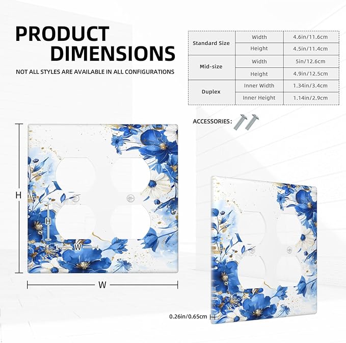 Klein Blue Flowers Watercolor Golden White Floral Outlet Covers 2 Gang Double Duplex Decorative Light Switch Covers Electrical Wallplates Socket Faceplate for Bedroom Living Room Decor