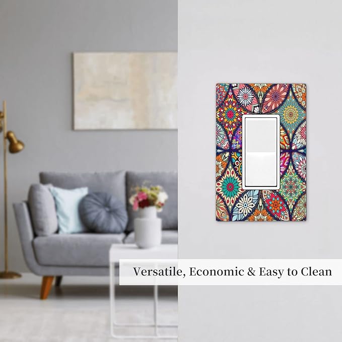 Bohemian Single Rocker Outlet Wall Plate Decorative 1 Gang Light Switch Cover colorful Vintage Floral Mandala Flower Decora Electrical Gfci Switchplate for Kitchen Bathroom Home Decor