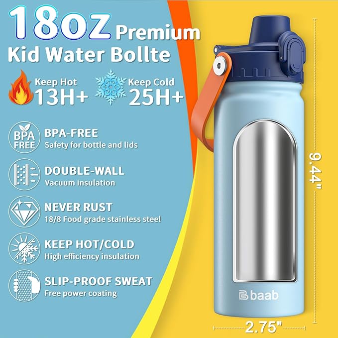 baab 18oz Kids Water Bottle, Insulated Kids Water Bottle with Lockable Spout Lid & Stickers, 18/8 Stainless Steel Vacuum Leakproof Kid Water Cup with Handle for Boy & School (Light Blue+Navy Blue)