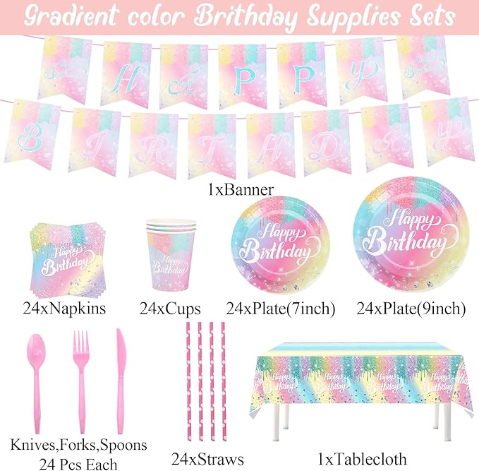 Rainbow Birthday Disposable Dinnerware Sets,Pink Birthday Party Supplies Plates Glitter Diamond Plates,Rose Gold Disposable Tableware Sets Girls Party Plates with Tablecloth Cup Banner Serve 24