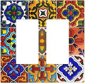 Vintage Colorful Boho Mexican Moroccan Tile Decorative Outlet Covers 2 Gang Double GFCI Rocker Electrical Wall Panels Light Switch Cover Plate for Farmhouse Home Decor