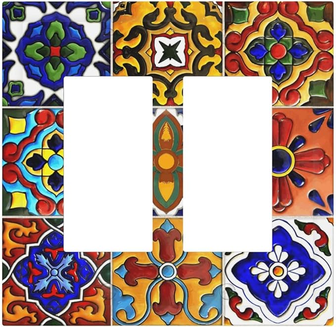 Vintage Colorful Boho Mexican Moroccan Tile Decorative Outlet Covers 2 Gang Double GFCI Rocker Electrical Wall Panels Light Switch Cover Plate for Farmhouse Home Decor