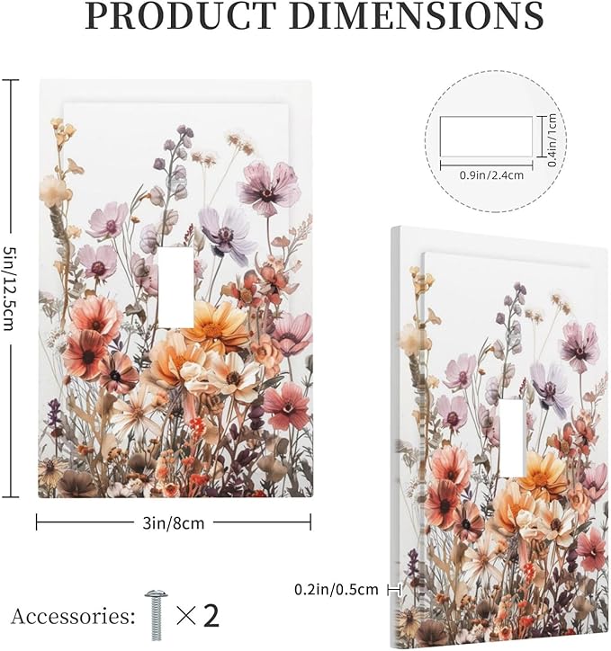 Boho Nursery Wildflower Flora Vintage Flower Decorative Light Switch Cover 1 Gang Single Toggle Device Electrical Faceplate Switchplates Decorator Outlet Wall Plate for Bedroom Living Room Decor