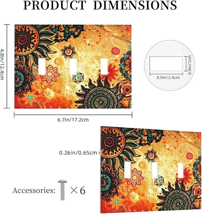 Retro Red Mandala Boho Floral Triple Toggle Device Switch Wall Plate 3-Gang Light Switch Cover Burnt Orange Sunflower Vintage Bohemian Flower Decorative Decorator Wallplate Switchplate Room Decorate