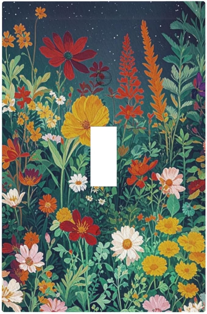 Decorative Switch Cover Plate with Wildflowers & Stars Botanical Floral Art Design Single Gang Toggle Switch Plate Light Switch Covers Artistic Faceplate for Garden Theme Wall Decor
