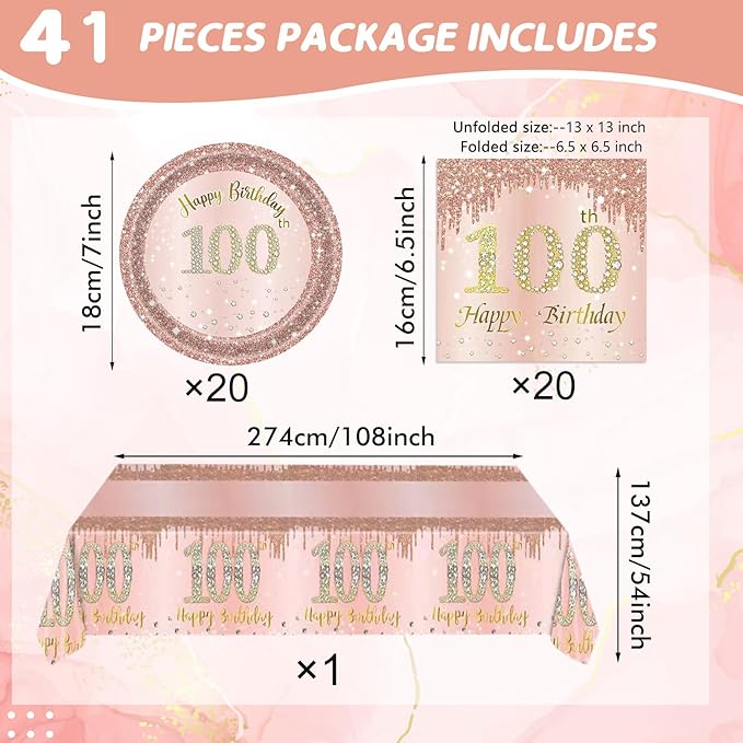 41Pcs 100th Birthday Decorations, Rose Gold Birthday Party Supplies Include 20Pcs Plates 20Pcs Napkins and 1Piece Tablecloth, Sweet One Hundred Year Old Birth Party Tableware for Girl Ladies Women