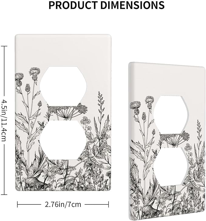 1-Gang Duplex Wall Plate, Gray Vintage Floral Printed Outlet Cover, Neutral Cottage Garden Retro Wildflower Decor for Bedroom Kitchen Living Room & Sunroom
