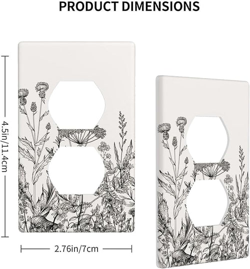 1-Gang Duplex Wall Plate, Gray Vintage Floral Printed Outlet Cover, Neutral Cottage Garden Retro Wildflower Decor for Bedroom Kitchen Living Room & Sunroom