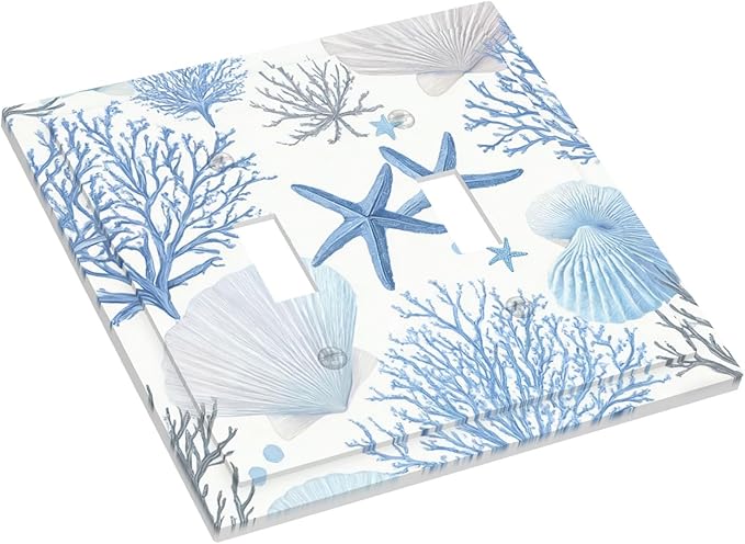 Coastal Blue Coral & Starfish Double Toggle Switch Cover - 2-Gang Standard US Size Watercolor Ocean Treasures Light Switch Covers, Serene Underwater Garden for Beach House Decor