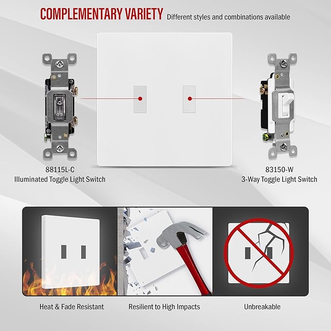 ENERLITES Screwless Double Toggle Switch Wall Plate, Child Safe Dual Light Switch Cover, Standard Size 2-Gang 4.68" x 4.73", Unbreakable Polycarbonate Thermoplastic, UL Listed, SI8812-W, Glossy, White