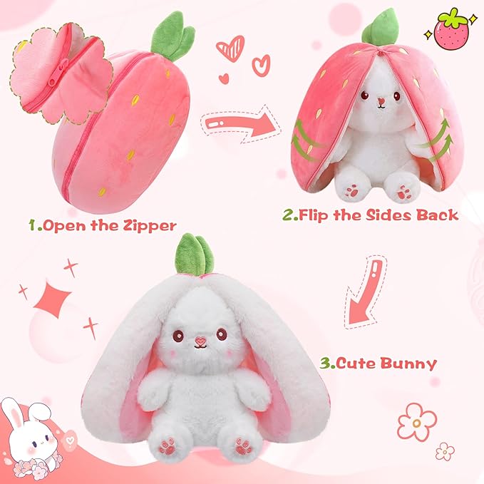 MIAODAM Easter Bunny Stuffed Animal, Carrot and Strawberry Bunny Plush Turn Into Rabbit Fruit Doll, Plushies Funny Bunny Toy for Girls (Strawberry Rabbit, 10inch)