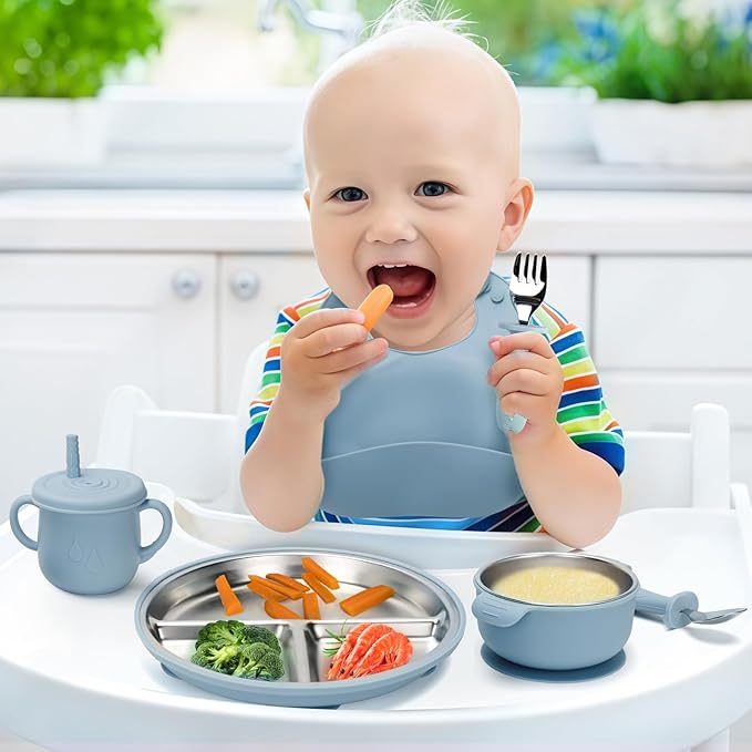 MISSLILI Stainless Steel Kids Plates and Bowls Set with Suction, Divided Baby Plate and Toddler Bowl with Removable Silicone Suction,Stainless Steel Weaning Bundle, Silicone Baby Feeding Set (Blue)