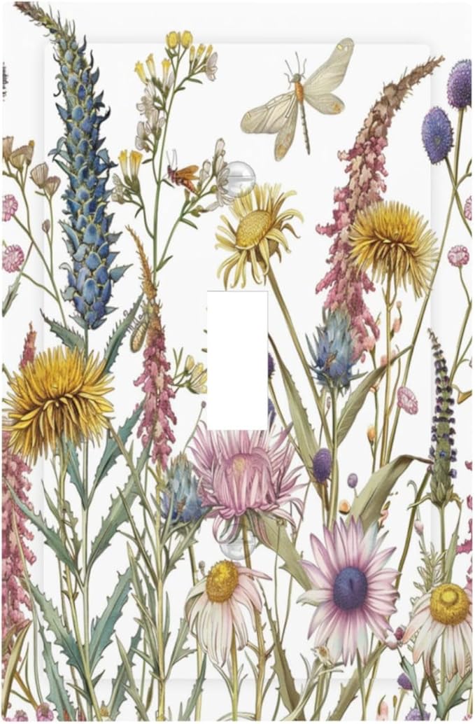 Light Switch Cover Plate Botanical Wildflowers Dragonfly Colorful Floral 1 Gang Single Toggle Decorative Switch Plates Wall Plates Electrical Faceplate for Bathroom Bedroom Decor