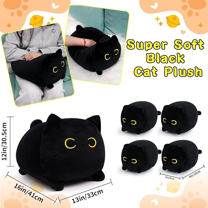 Cat Stuffed Animals with Babies, Black Cat Plush with Babies, Mommy Cat with 4 Baby Kittens Kawaii Black Cat Plushie Toy Birthday Gifts for Kids Boys Girls