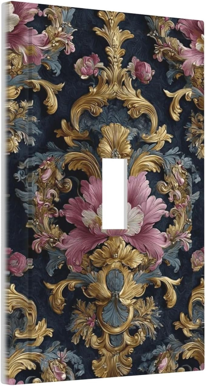 Decorative Light Switch Cover Plate Rococo Pink Floral Flower Gold Leaf 1 Gang Single Toggle Wall Plates for Electrical Outlet Covers Switch Plate Covers Faceplate for Bedroom Home Decor