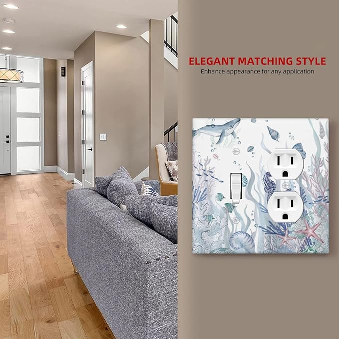 Ocean Themed Coral Seahorse Seashell Starfish Beach Wallplates 1 Toggle 1 Duplex Switch Plate Electrical GFCI Faceplate Decorative Light Switch Covers for Bathroom Home Decor