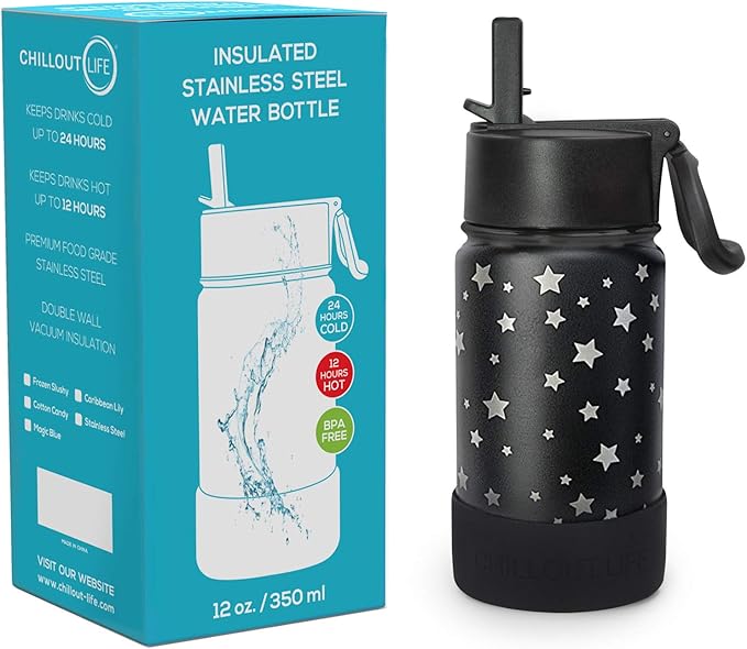 CHILLOUT LIFE 12 oz Kids Insulated Water Bottle for School with Straw Lid Leakproof and Cute Waterproof Stickers, Personalized Stainless Steel Thermos Flask Metal Water Bottle for Girls & Boys