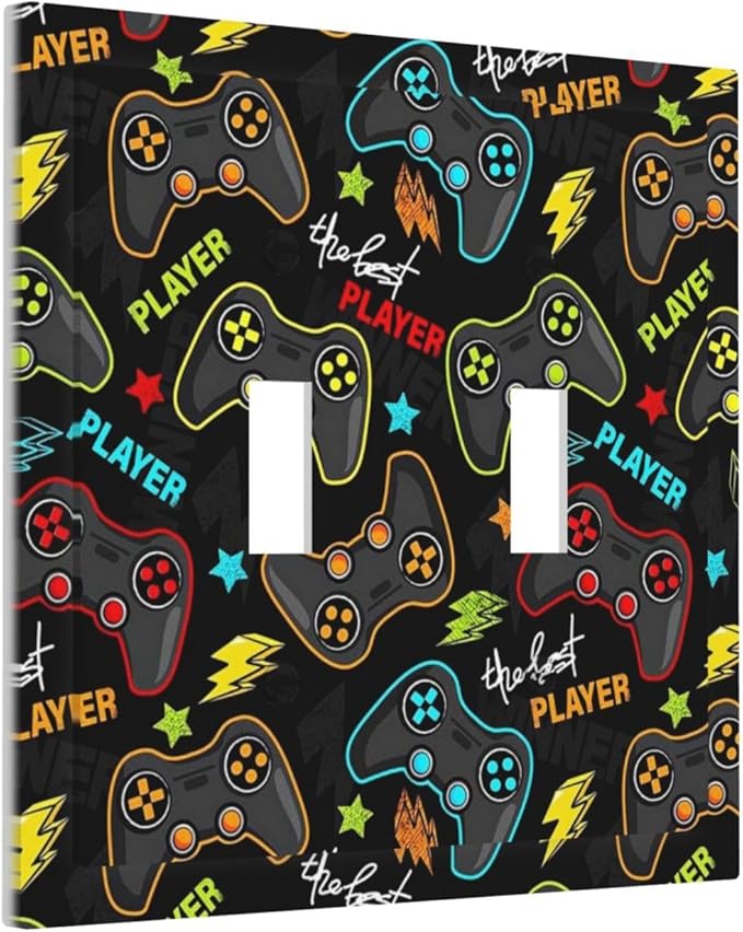 Kid Boys Gamer Gaming Game 2 Gang Double Toggle Light Switch Cover Electric Wall Plate Electrical Faceplate for Bathroom Home Living Room Jumbo Size Decor