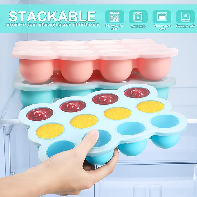 Potchen 3 Pcs Baby Food Storage Container 12 Cup Silicone Baby Food Freezer Tray with Lid Stackable Reusable Silicone Freezer Tray for Vegetable Fruit Puree and Breast Milk(Multicolor)