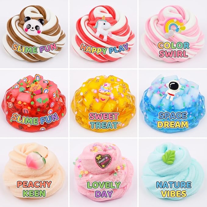 9 Pack Slime Kit with 3 Jelly Cube Crunchy, 3 Butter & 3 Cloud Slime, Non-Sticky DIY Sensory Toys for Kids, Stress Relief Birthday Gift & Party Favor, Classroom Treat Bags