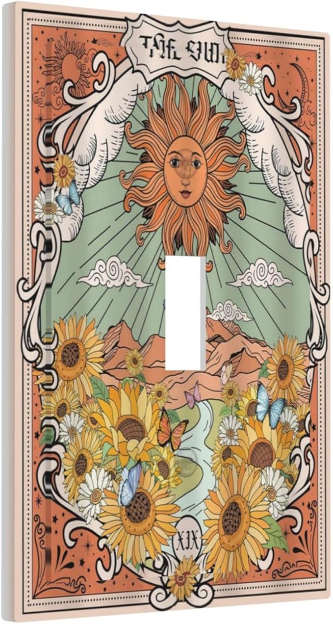 Boho Retro Sun Sunflower Vintage Flower Butterfly Decorative Light Switch Cover 1 Gang Single Toggle Device Electrical Faceplate Switchplates Decorator Outlet Wall Plate for Farmhouse Home Decor