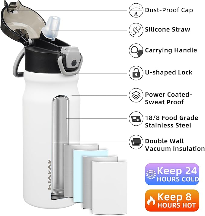 BJPKPK Water Bottle with Straw 18oz Insulated Water Bottles Reusable Stainless Steel Metal Thermal Flask with Leak Proof Lockable Lid and Carry Handle,White