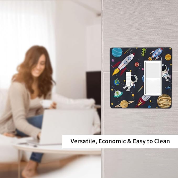 Rocket Planets Astronaut Blue Decorative 2 Gang Light Switch Covers Single Toggle Rocker Combo Wall Plate Electrical Faceplate Decorative Switchplate for Nursery Kidsroom Bedroom Decor