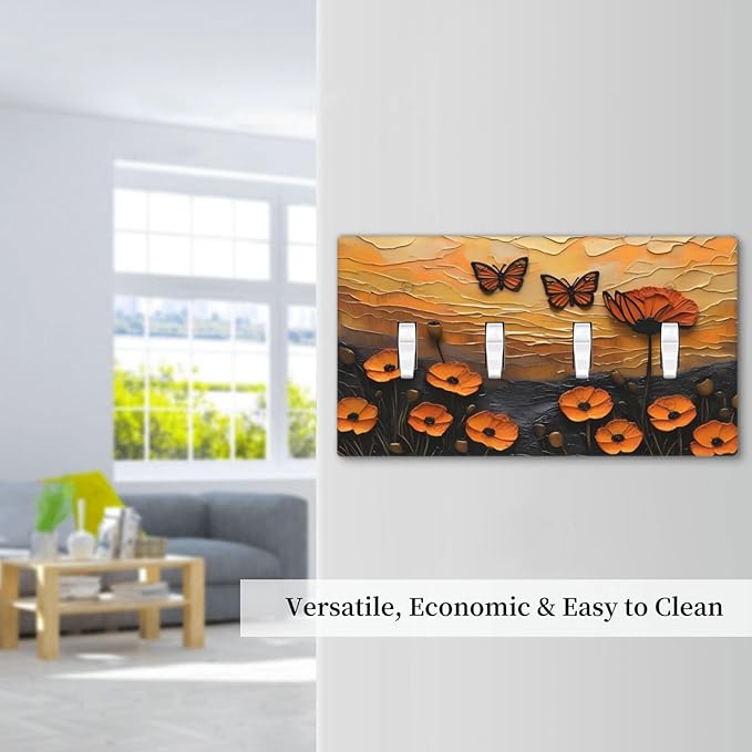 Oil Painting Flower Sunset Butterfly Vintage Rustic Floral Light Switch Covers Quad Toggle Electrical Faceplate 4 Gang Wall Plate Decorative Switch Plates Cover for Bedroom Living Room Decor