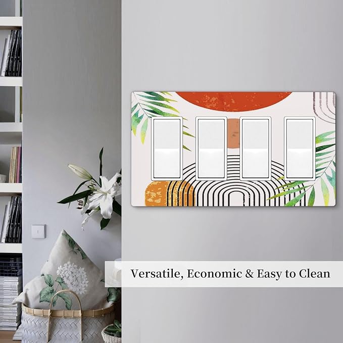 Red/Orange Abstract Art Boho Sun Mid Century 4 Gang Screwless Quad Decorator Wall Plate 60S 70s Geometric Electrical Quadruple Device Rocker/Gfci Dimmer Receptacle Outlet Light Switch Cover Face Plate