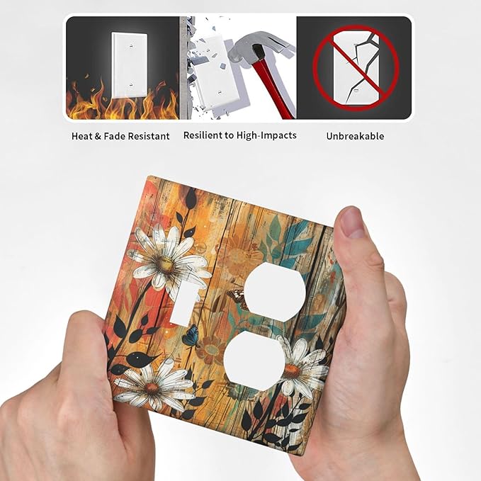 Light Switch Cover Plate Vintage Wooden Daisies Butterflies Floral 2 Gang Decorative Switch Plates 1 Toggle Duplex Combo Outlet Covers GFCI Wall Plates for Bathroom Farmhouse Decor