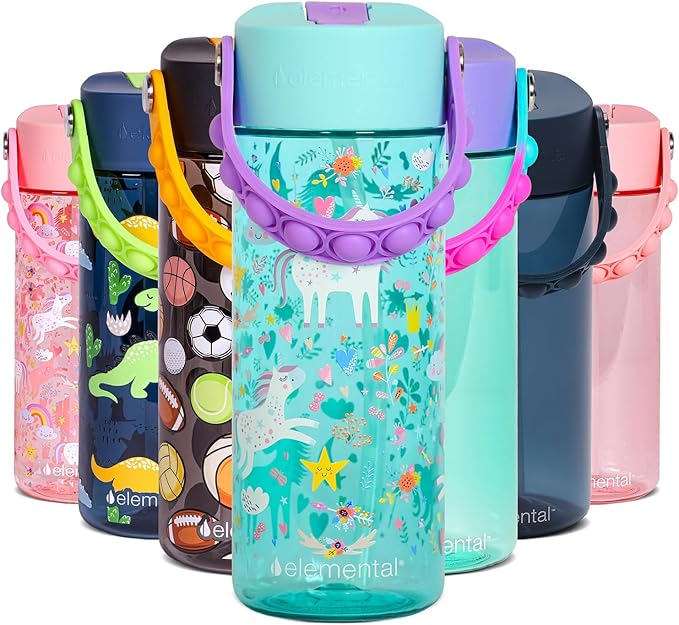 Elemental Water Bottles for Kids - Splash Kids Water Bottle for School with Pop-it Handle - BPA Free Tritan Plastic Water Bottle with Straw Leak Proof when Spout is Closed - Unicorn Robin's Egg - 18oz