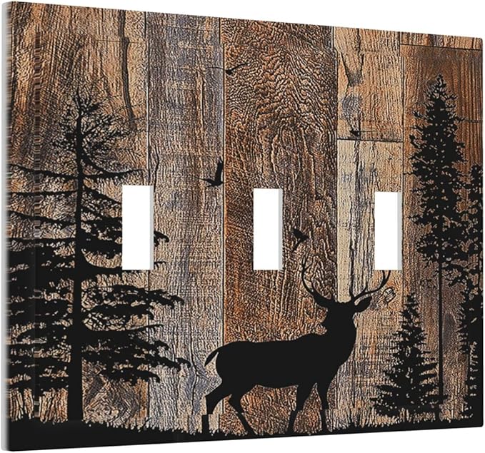 Decorative Switch Plates Rustic Forest Antler Elk Deer Silhouettes Animals Wood Grain 3 Gang Wall Plate Faceplate Triple Toggle Light Switch Cover Electrical Wall Panels for Farmhouse Home