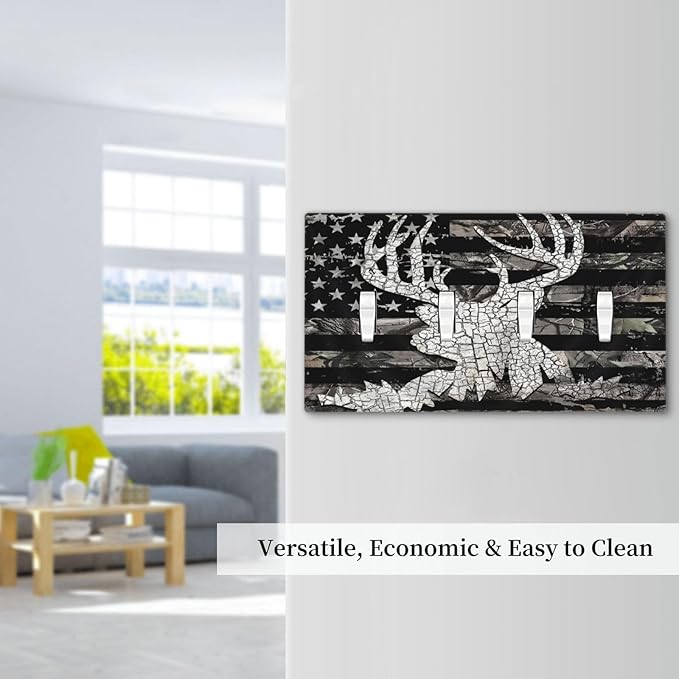 American Flag Forest Antler Deer Elk 4 Gang Device Light Switch Cover Decorative Quad Toggle Wall Plate Decorative Electrical Faceplate for Home Bedroom Art Decorate
