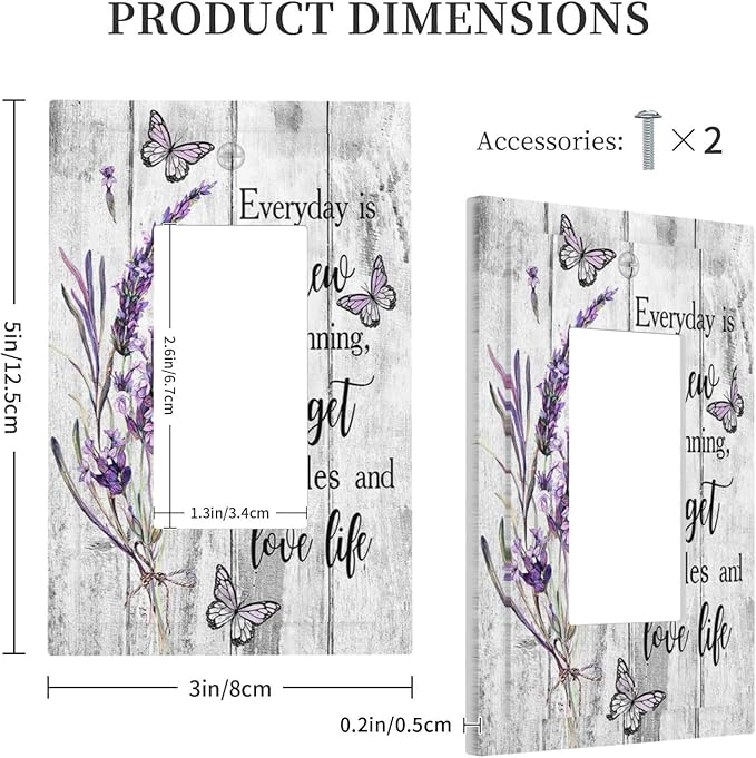 Outlet Covers Purple Lavender Flower Butterfly on Wood Plank 1 Gang Wall Plate Single Rocker Light Switch Cover Inspirational quotation Floral Decorative GFCI Receptacle Cover Electrical Switchplate