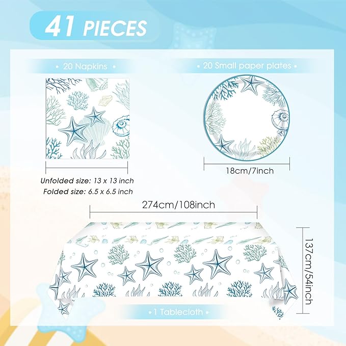 41Pcs Ocean Seashell Party Supplies Kit,Coastal Beach Disposable Party Tableware Decorations,Starfish Coral Paper Plates Napkins and tablecloth for Kids Summer Birthday Baby Shower, Serves 20